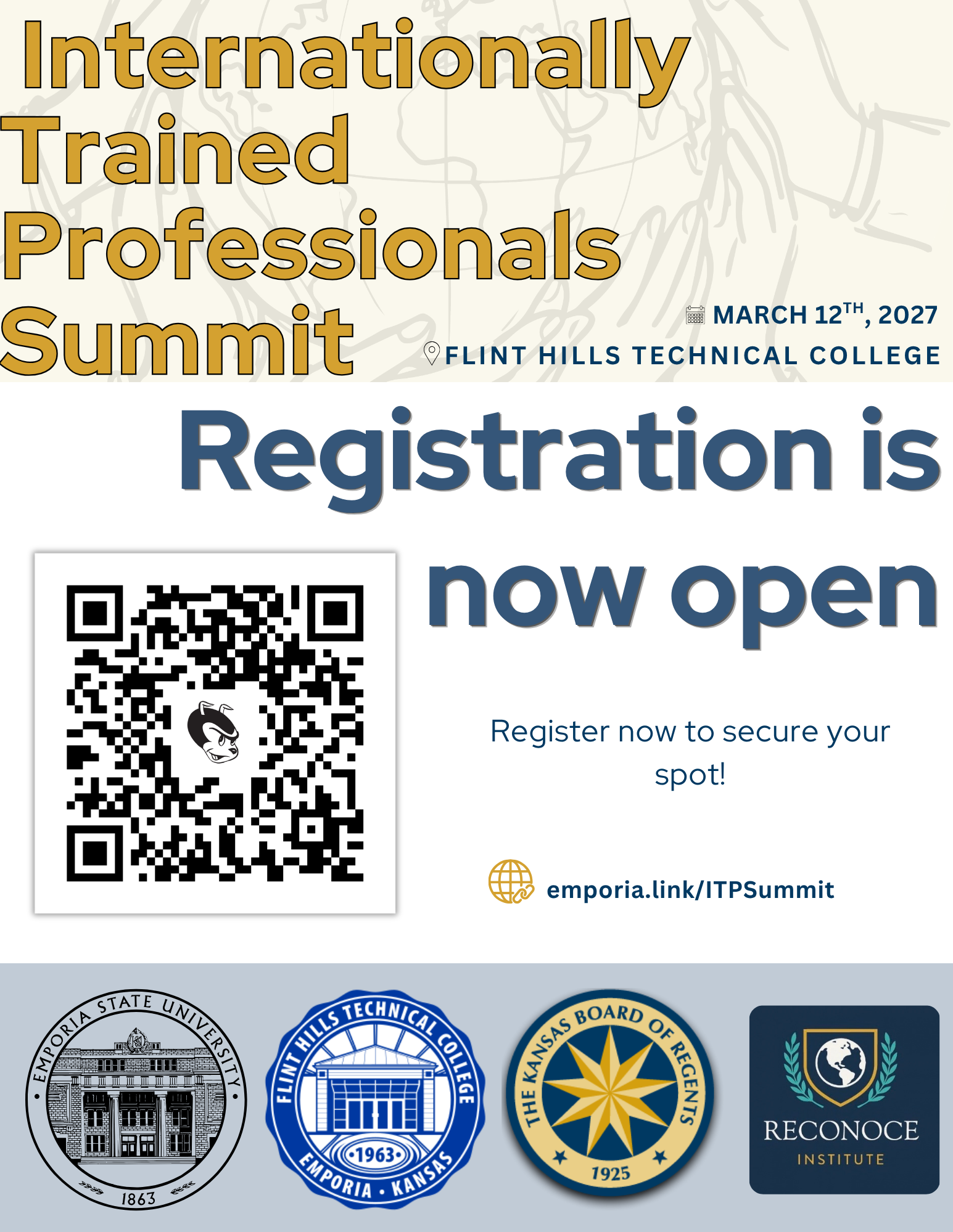 Internationally Trained Professionals Summit flyer. March 12, 2027, Flint Hills Technical College. Registration is now open at emporia.link/ITPSummit.